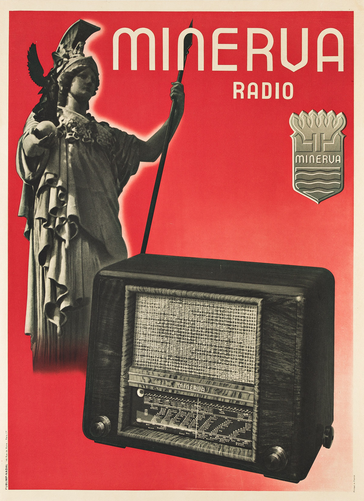 DESIGNER UNKNOWN.  MINERVA RADIO. Circa 1940. 29¾x21¾ inches, 75½x55¼ cm. Nadal, Paris.